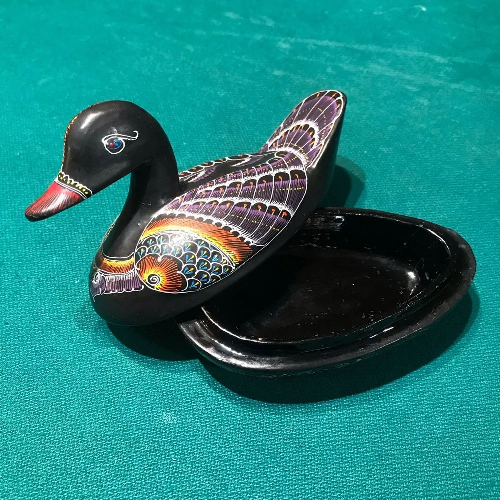 Vintage Wooden Trinket Dish with intricate hand painted Duck Design